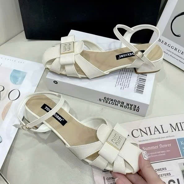 Dép Xăng Đan Mũi Rọ Nơ Min, Giày Sandal Nữ Mũi Tròn Đế Vuông 3cm, 5cm Da Bóng Hottrend - Cin Shoes