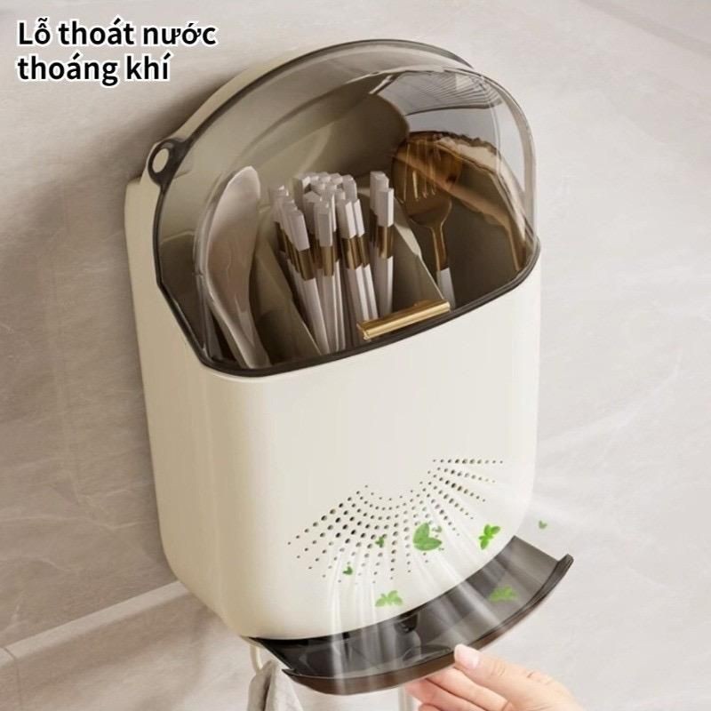 Hộp Đựng Đũa Muỗng Treo Tường Có Khay Đỡ Nước - Ống đựng đũa gắn tường có nắp đậy Kích thước: 31x20x8 cm AMIZIN