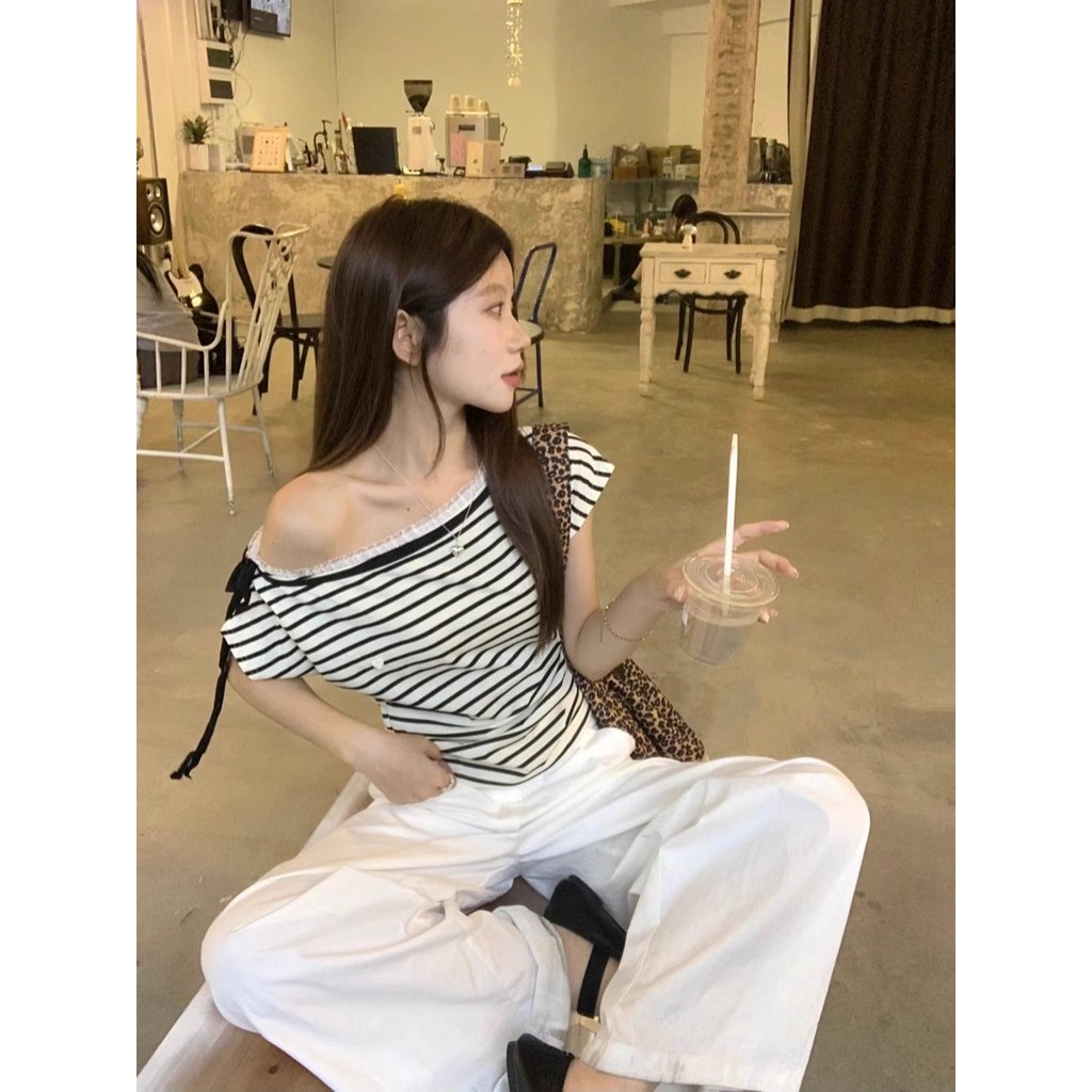 Milyfashion Cổ Phẳng Dây Ren Khâu Sọc Tay Ngắn T Mùa Hè Pure Desire Ngọt Ngào Ngắn Top Bé tee Quần Áo Nữ