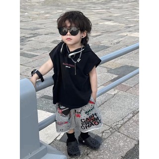 Bộ áo vest có mũ cho trẻ em mùa hè mới, phong cách Hàn Quốc, quần short không tay in chữ hoạt hình cho bé trai, bộ hai mảnh rộng rãi