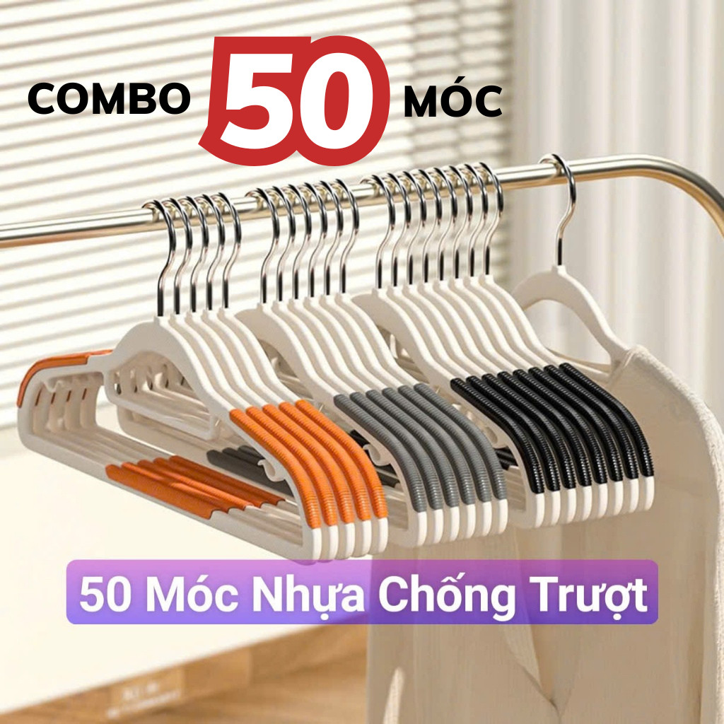 Set 50c Móc treo quần áo bằng nhựa chống tuột, Móc phơi chống trượt đa năng chất nhựa -BB