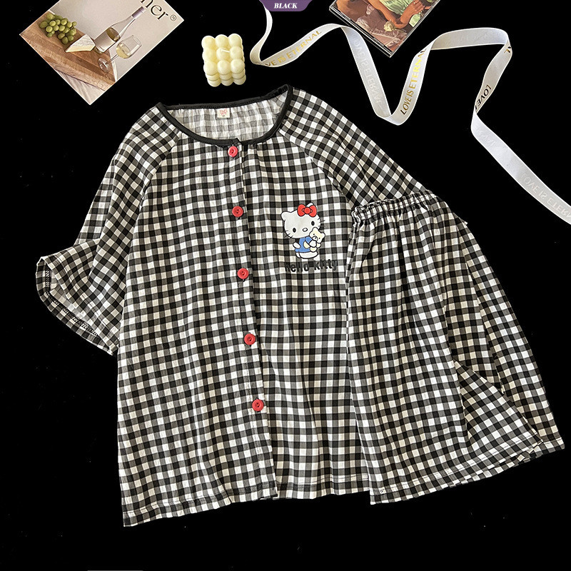 Hoạt Hình HelloKitty Bộ Đồ Ngủ Nữ Mùa Hè Cardigan Dễ Thương Học Sinh Quần Short Tay Ngắn Bộ Đồ Gia Đình [BL]