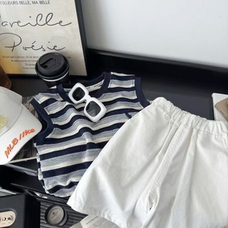 Bộ áo vest mùa hè cho bé trai, áo không tay sọc + quần short, bộ hai mảnh thường ngày cho bé trai