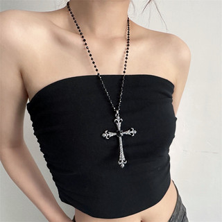 Vòng cổ chữ thập đen trắng phong cách gothic mặt kim cương sáng bóng phù hợp nữ hip hop y2k vòng cổ dài sang trọng niche phụ kiện cao cấp