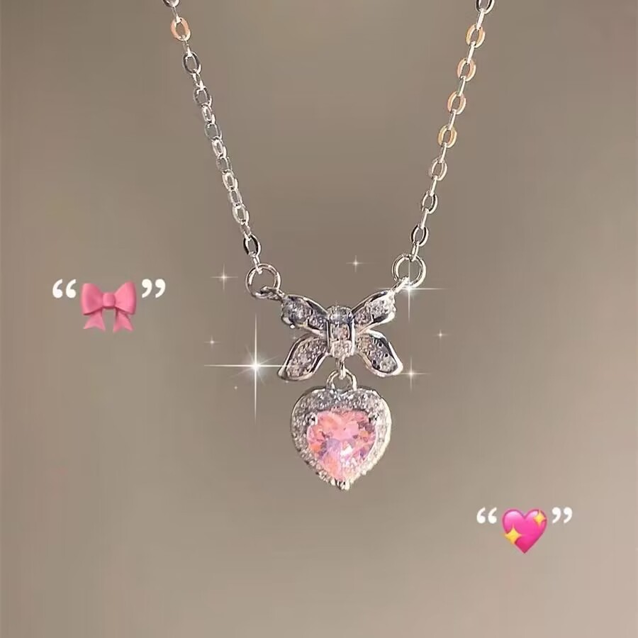 Đa năng~ Dây chuyền nơ trái tim hồng zircon cho phụ nữ mùa hè ngọt ngào mát mẻ phong cách thời trang