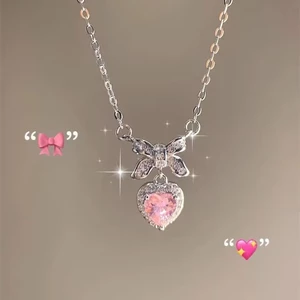 Đa năng~ Dây chuyền nơ trái tim hồng zircon cho phụ nữ mùa hè ngọt ngào mát mẻ phong cách thời trang