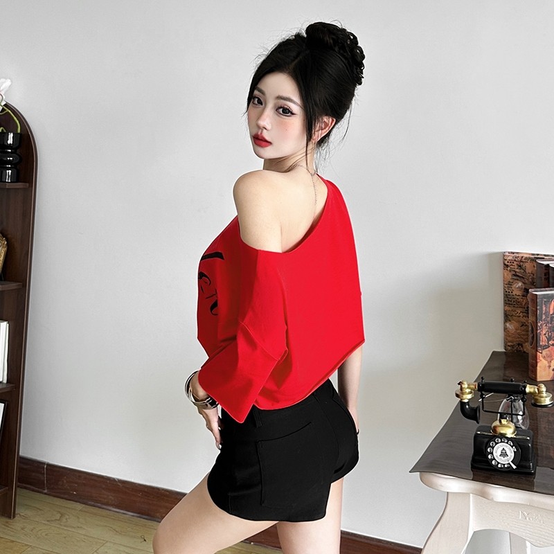 Klalien Áo Thun Gợi Cảm Cổ Tròn Vai Baring Tay Ngắn Rốn Lộn Chữ Cổ Điển In Hình Mùa Hè Hot Chick Thường Ngày 2025 Thời Trang Phụ Nữ Mới