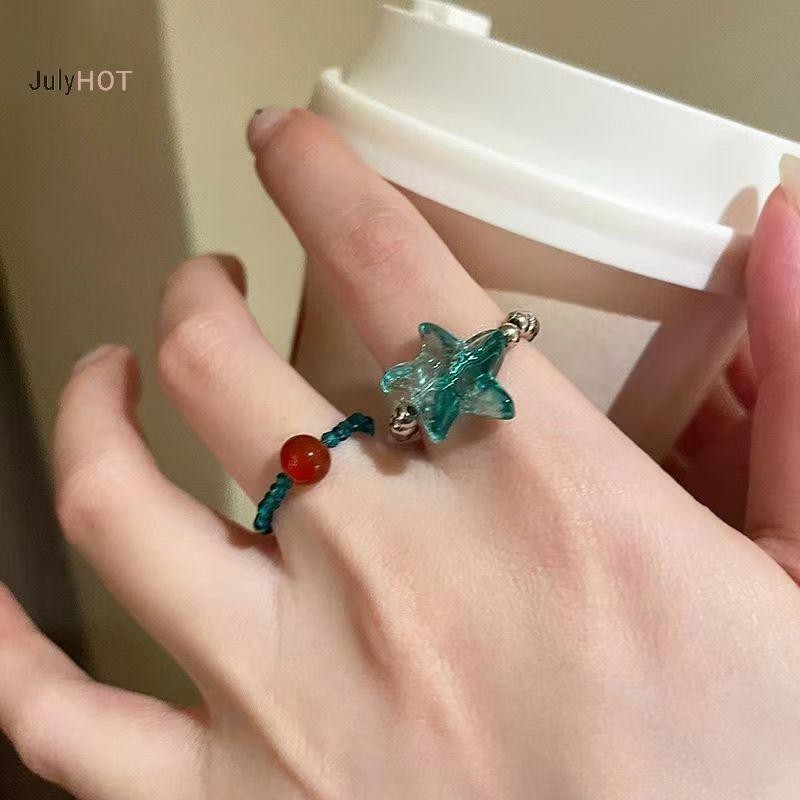 JULYHOT 2 Cái / bộ Ngọt Ngào Sao Biển Xanh Zircon Mở Nhẫn Dành Cho Nữ Bé Gái Phong Cách Đại Dương Đơn Giản Ngôi Sao Ngón Tay Nhẫn Trang Sức Thẩm Mỹ Y2K Phụ Kiện Massivedeals