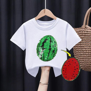 2025 Hổ Và Dưa Hấu Lật Sequin Áo Thun Cho Trẻ Em Bé Trai Bé Gái Hoạt Hình Mùa Hè Graphic Tee