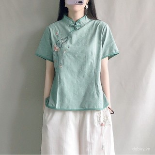 Áo blouse cài nút phong cách Trung Quốc cho phụ nữ, thêu cotton lanh, trang phục lấy cảm hứng từ châu Á cho phụ nữ, áo phong cách dân tộc