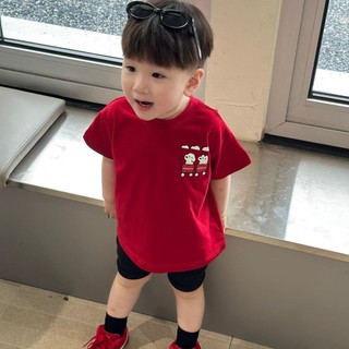 Áo thun ngắn tay mùa hè mới cho trẻ em, phong cách Hàn Quốc, cho bé trai và bé gái, in hình hoạt hình, áo đỏ rộng rãi thoải mái