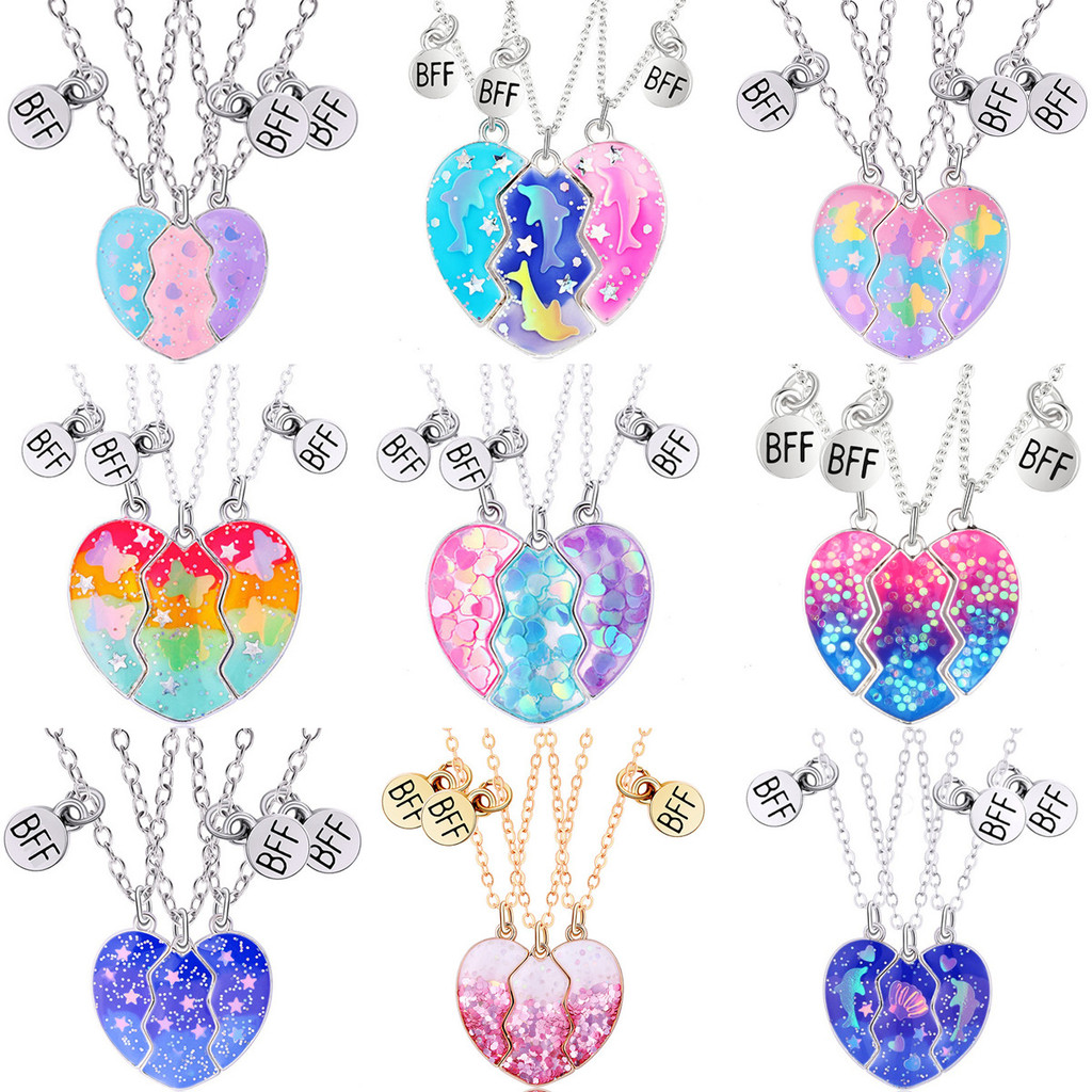 Thời Trang Best Friends Sequin Trái Tim Mặt Dây Chuyền Nam Châm Đá Vòng Cổ Bộ 3 Cái / Bộ