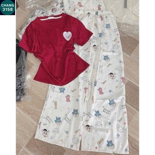 Sét Bộ Quần Hoạt Hình + mix áo CROPTOP ngắn-in hình trái tim love ở ngực-CHANG3158