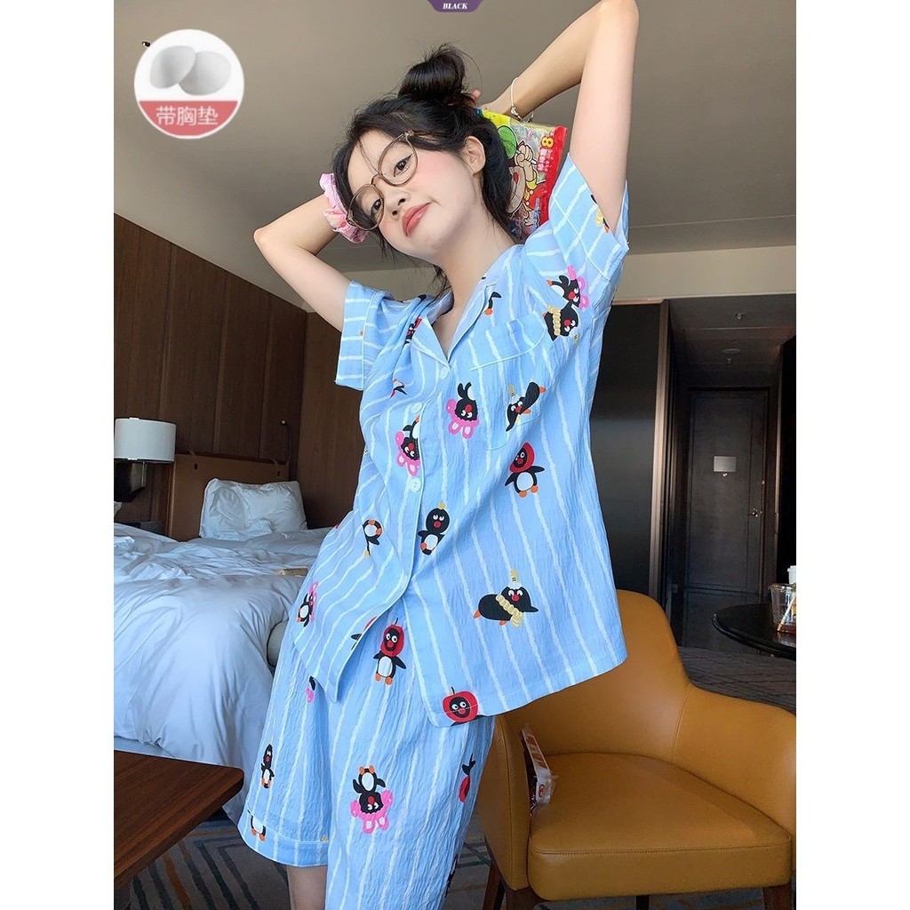 Sweet Ins Strawberry KT Bộ Đồ Ngủ Nữ Mùa Hè Có Miếng Lót Áo Ngực Quần Short Tay Ngắn Hoạt Hình Homewear Set [BL]