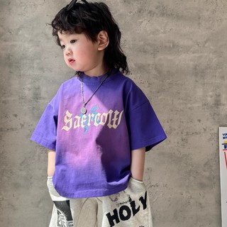 Áo thun ngắn tay cotton nguyên chất mới cho trẻ em mùa hè, áo sơ mi vintage đã giặt cho bé trai và bé gái, áo gradient cho trẻ em