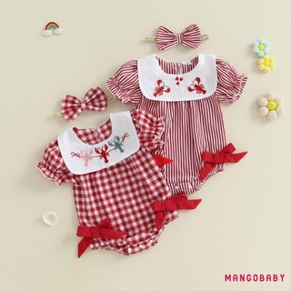 MG-Baby Girl Tôm Hùm Thêu Romper Tay Ngắn Cổ Búp Bê Kẻ Sọc Áo liền quần Có Băng Đô