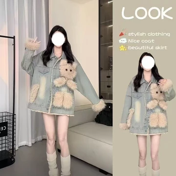 Áo khoác bò gấu mẫu Hot Áo Xuân Thu ghép nhung mẫu mới áo khoác cardigan dễ phối áo khoác xuân thu rộng rãi