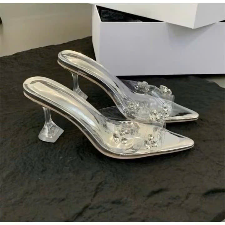 Guốc Cao Gót Đính Charm Đá Đế Nhọn 7cm 9cm, Giày Cao Gót Quai Ngang Mica Phong Cách Trẻ Trung Hottrend - Cin Shoes