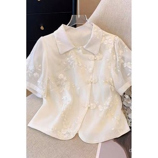 Áo blouse ngắn kiểu Trung Quốc mới 2025 cho phụ nữ, chất liệu lụa pha, thêu nút Mandarin, viền không đều