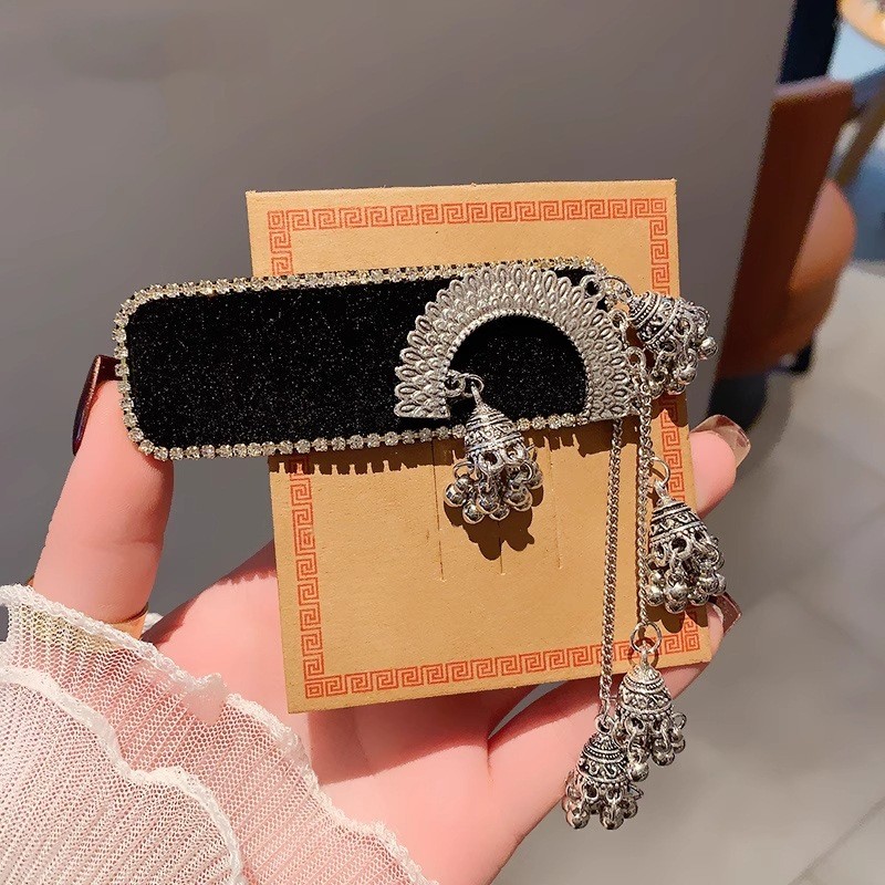 MAUROPOLI [Hàng có sẵn] Miaojiang Bạc Tua Rua Chuông Kẹp Bên Phụ Kiện Tóc Nữ Cao Cấp Phong Cách Dân Tộc Thanh Lịch
