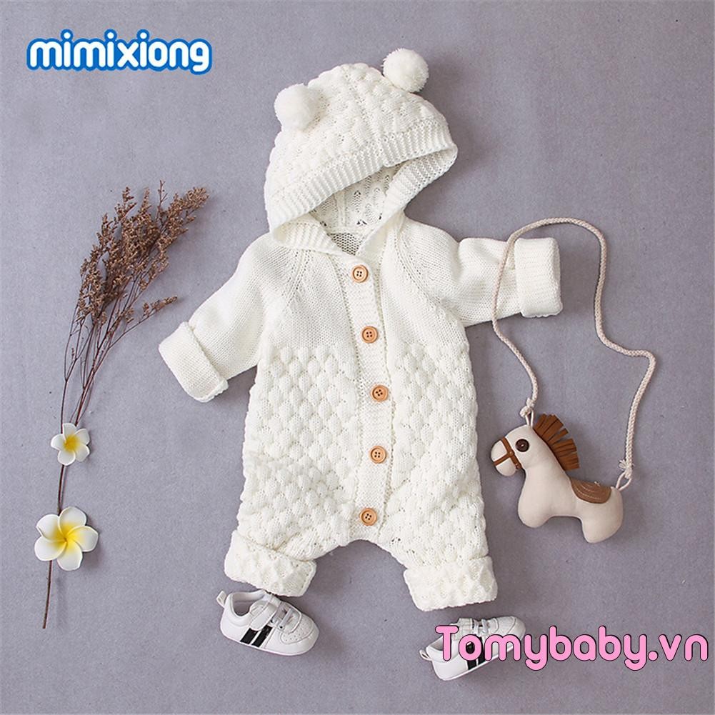 Bộ áo liền quần dài tay dệt kim màu trơn cho bé gái bé trai