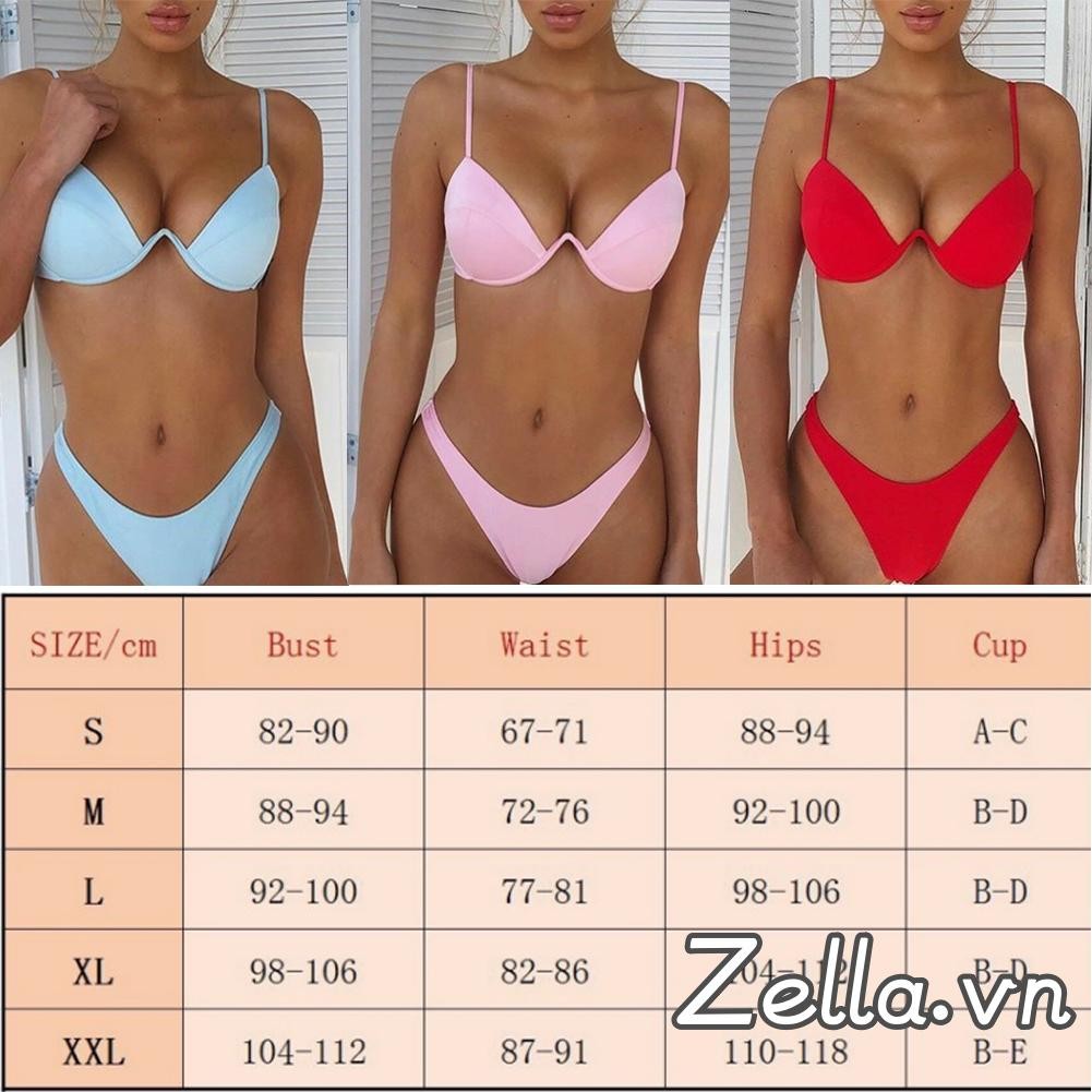 Bộ Bikini nữ push-up đệm màu trơn eo thấp đồ bơi cho mùa hè
