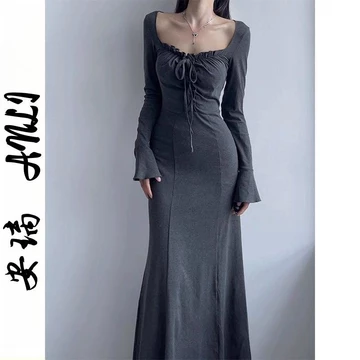 Váy Ôm Mông Thon Gọn Ôm Dáng Mẫu Mới Thu Đông Cho Hot Girl Phong Cách Ngây Thơ Anli Váy Dài Tay Cổ Vuông Váy Đuôi Cá Nữ