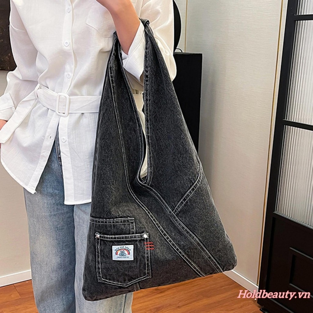 Túi Denim cổ điển dành cho nữ Ví đeo vai lớn có túi Túi Tote Jean thông thường dành cho du lịch, trường học, văn phòng ngoài trời
