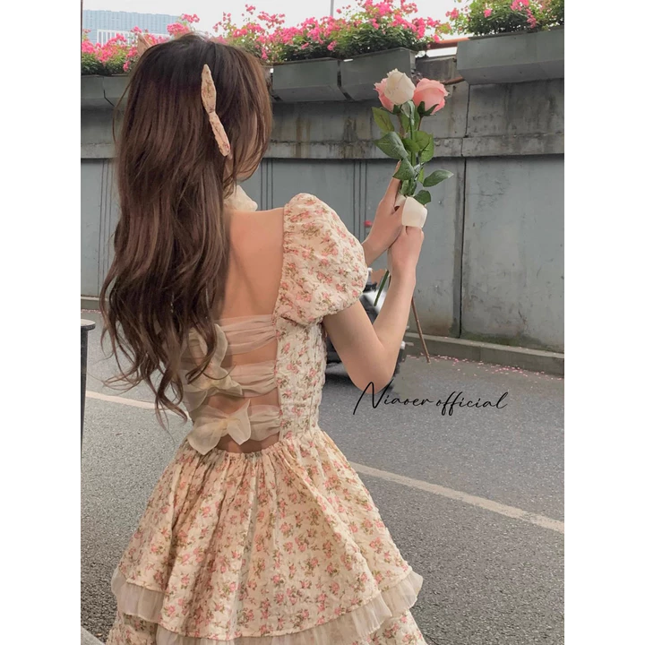 Váy Phồng Công Chúa Đào Tẩu Váy Bánh Bèo Hở Lưng Nơ Tay Phồng Kiểu Pháp Cho Nữ Váy Hoa Nhỏ Tôn Dáng Gầy Chít Eo