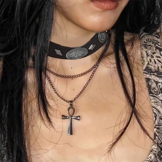 Vòng Cổ Da Có Chữ Thập Quyến Rũ - Punk, Gothic, Vintage - Dành Cho Bé Gái Cay - Phụ Kiện Trang Sức - Vòng Cổ Đinh Tán Hai Lớp