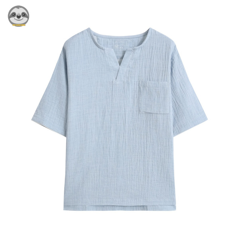 Phong cách Nhật Bản Muji Style / Sợi đôi Cotton nguyên chất Dây rút cổ tròn Quần Short ngắn tay Bộ đồ ngủ / Sợi Cotton nhăn Đồ mặc nhà thông thường