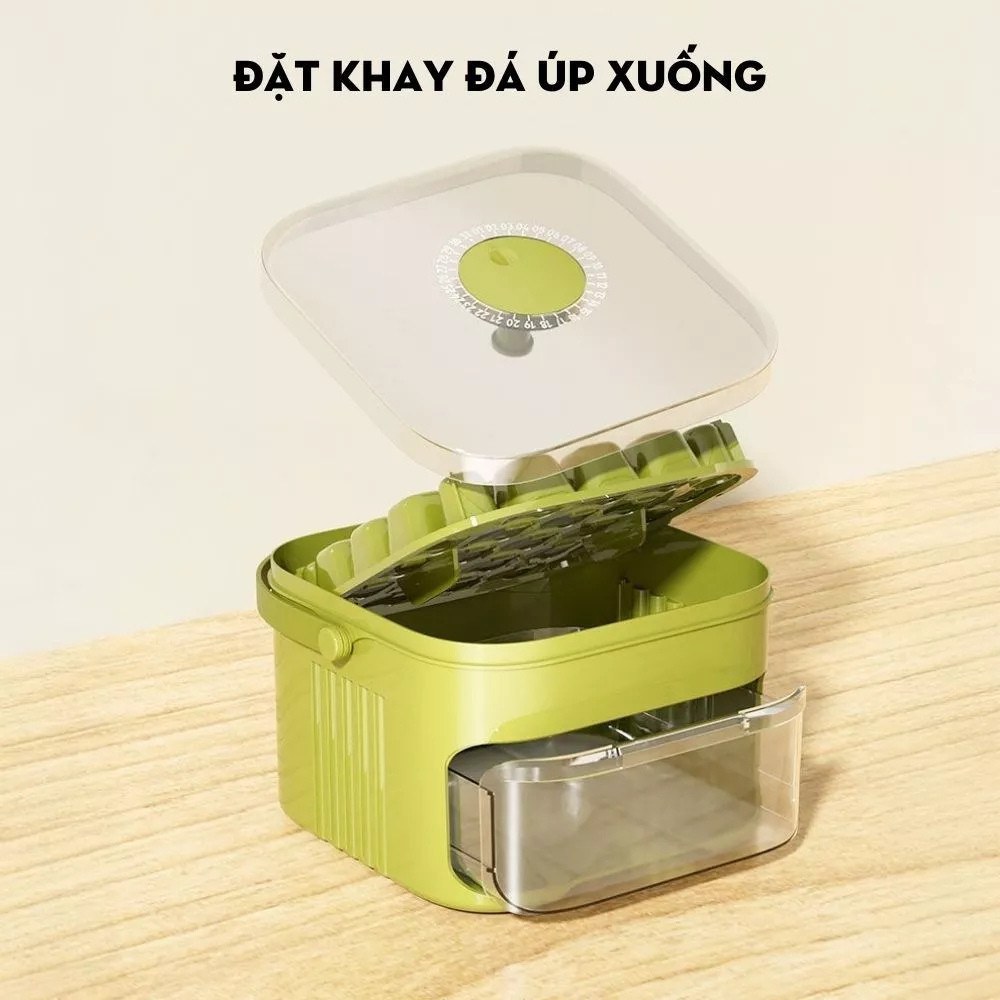 Hộp Khay Làm Đá Thông Minh Nhấn Nút Lấy Đá Dễ Dàng, Kèm Hộp Đựng 2 Tầng Có Tay Cầm Tiện Lợi