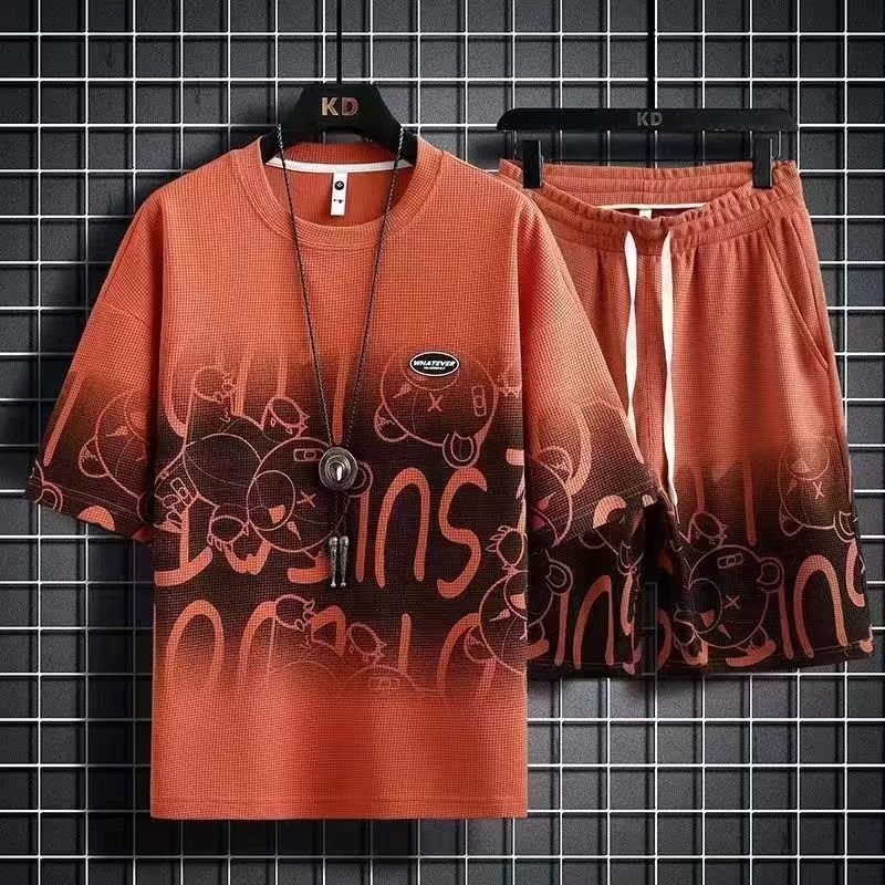 Bộ đồ bánh quế phong cách Hồng Kông Quần Short năm điểm ngắn tay nam mùa hè thanh niên hợp thời trang phong cách Harajuku phù hợp cho mọi trận đấu1 / 2 miếng