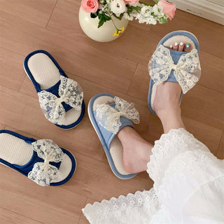 XIXITIAO Giày Gia Đình Thường Ngày Hút Mồ Hôi Thoáng Khí Nơ Bốn Mùa Sinh Viên Vải Lanh Dép Nữ