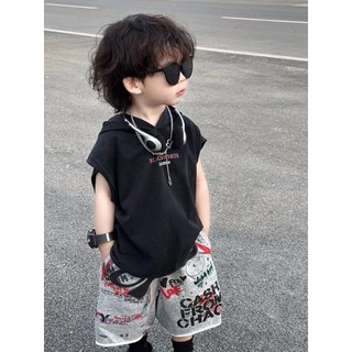Bộ áo vest có mũ cho trẻ em mùa hè mới, phong cách Hàn Quốc, quần short không tay in chữ hoạt hình cho bé trai, bộ hai mảnh rộng rãi