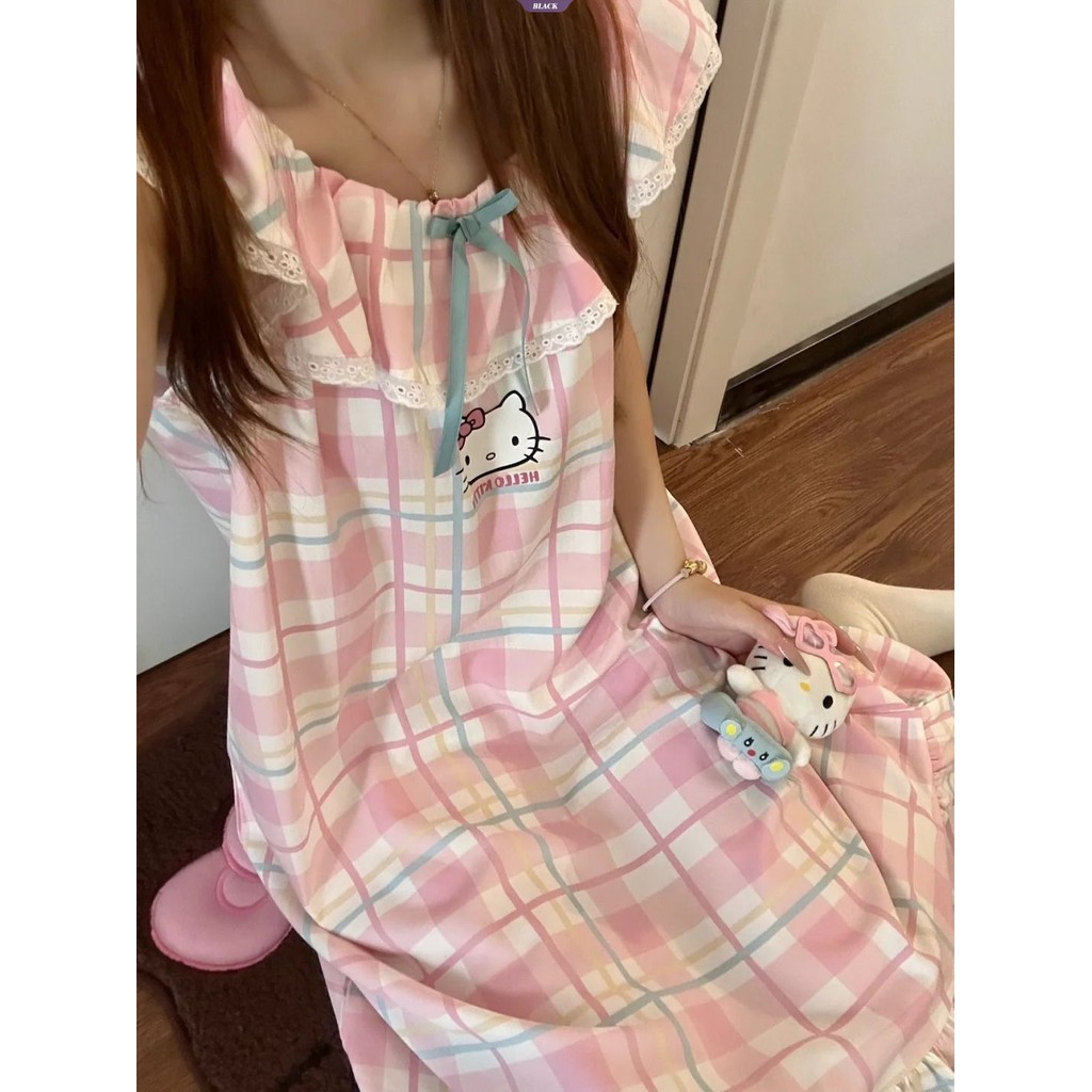 Váy ngủ kẻ sọc Hello Kitty dễ thương nữ mùa hè mới không tay sling ren homewear [BL]