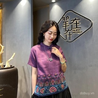 Áo blouse cotton và lanh lấy cảm hứng châu Á cho phụ nữ, áo thêu mùa hè Barong, áo phong cách dân tộc