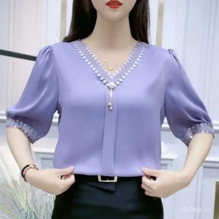 Áo blouse cho phụ nữ, áo chiffon chính thức, áo blouse cỡ lớn cho phụ nữ, phong cách Hàn Quốc, thời trang thoải mái, áo sơ mi tay ngắn cổ V