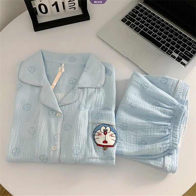 Quần Short ngắn tay mèo Tinkerbell màu xanh ngọt ngào và đáng yêu mới Bộ đồ ngủ thông thường dành cho nữ Bộ quần áo tại nhà mùa hè [BL]