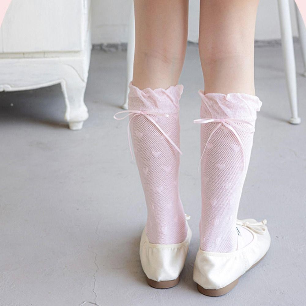 LACYES Trẻ Em Giữa Ống Hàng Dệt Kim, Công Chúa Ngọt Ngào Gothic Ren, Thoáng Khí Mỏng Nơ Cotton Balletcore Tất Trẻ Em