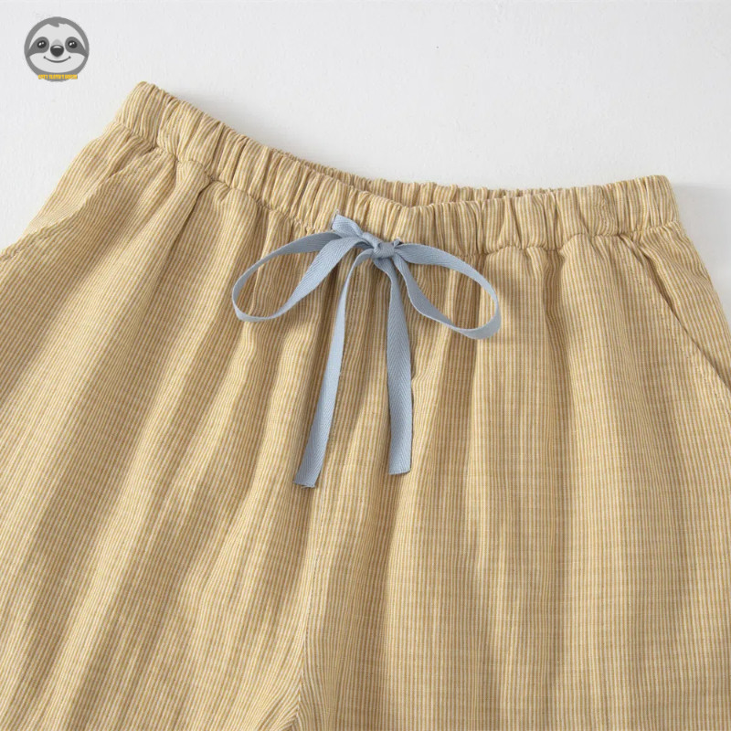 Phong cách Nhật Bản Muji Style / Bộ đồ ngủ ngắn tay sọc dây rút Cotton nguyên chất / Bộ đồ ngủ nữ sợi hai lớp phong cách mỏng Cotton sọc mùa hè