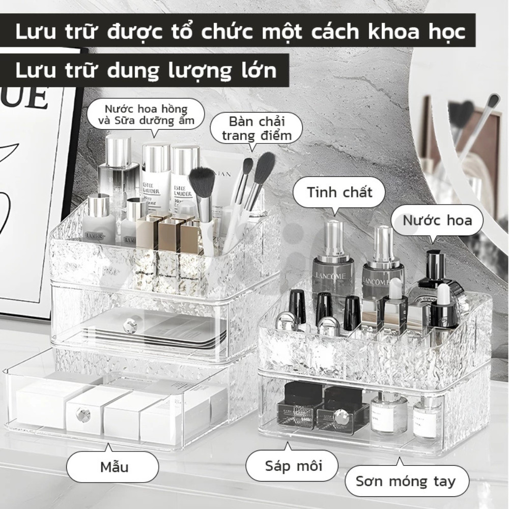 Kệ Đựng Mỹ Phẩm Trong Suốt 2 Tầng Vân Kim Cương Có Ngăn Kéo Đựng Đồ Trang Điểm Gọn Gàng Sang Trọng