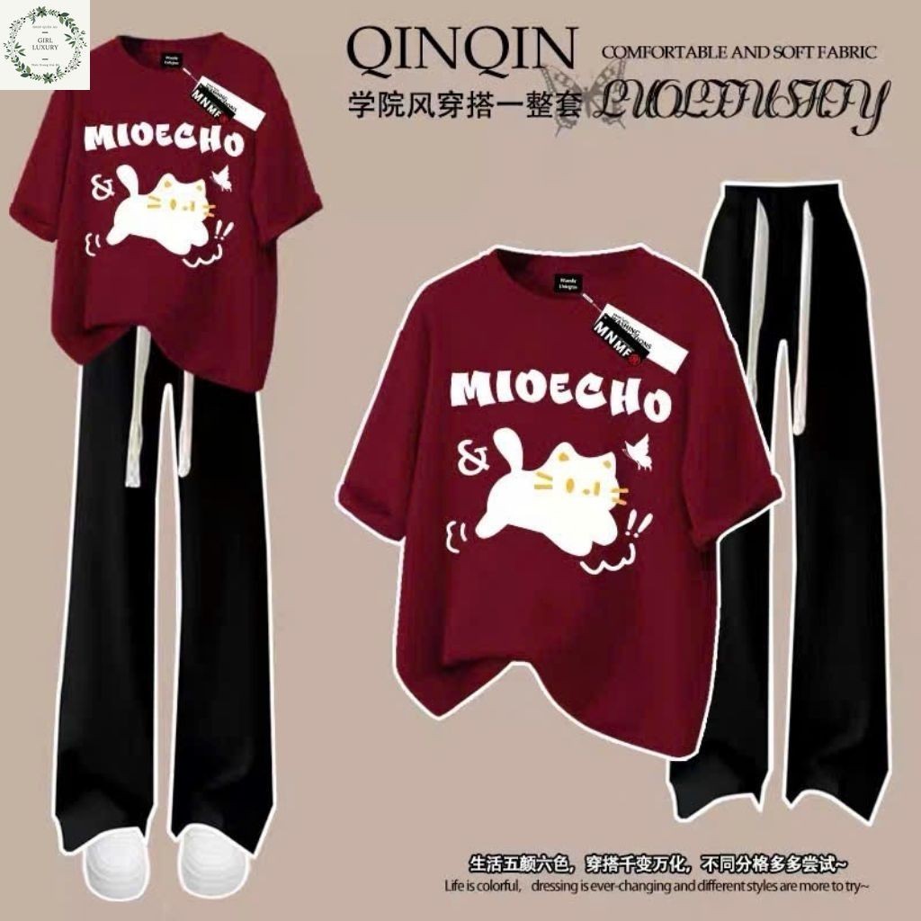 Sét Bộ Nữ Quần Rộng Dài + Mix Áo Phông Form Rộng Tay Lỡ -Mèo Máy STUDENTS