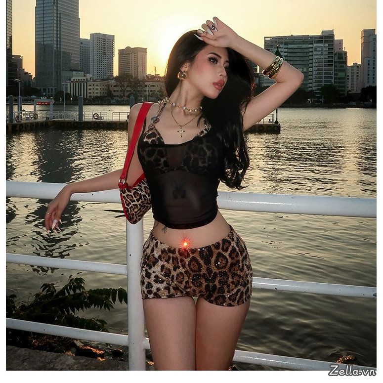 Áo ngực nữ in họa tiết da báo + Chắc chắn xuyên thấu Scoop Cổ Crop Spaghetti Dây đeo Tank 2 mảnh Trang phục