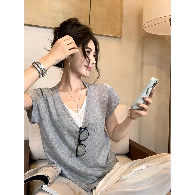 SUXI Áo thun ngắn tay màu trơn đơn giản dành cho nữ mùa hè mới 250605