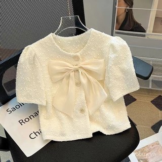 Áo blouse ngắn tay phồng thiết kế nơ nhẹ cho phụ nữ mùa hè 2025, thanh lịch và thoải mái cho buổi hẹn hò