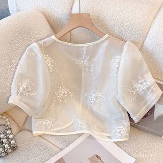 Áo khoác cardigan ngắn tay chống nắng cho phụ nữ mùa hè 2025, thiết kế nút Mandarin phong cách Trung Quốc, khăn choàng chiffon ren nhẹ cho bãi biển và resort