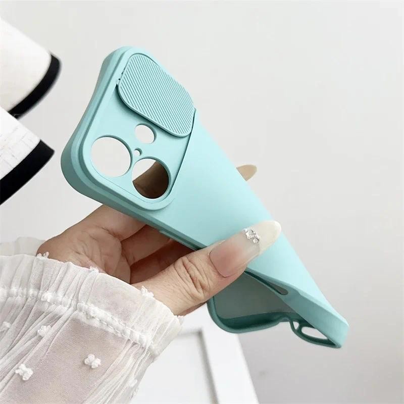 Ốp Điện Thoại Bảo Vệ Ống Kính Máy Ảnh Trượt Cho IPhone 16E 16 15 14 Plus 13 12 11 Pro XS XR Max 8 7 Vỏ Silicon Mềm Chống Sốc