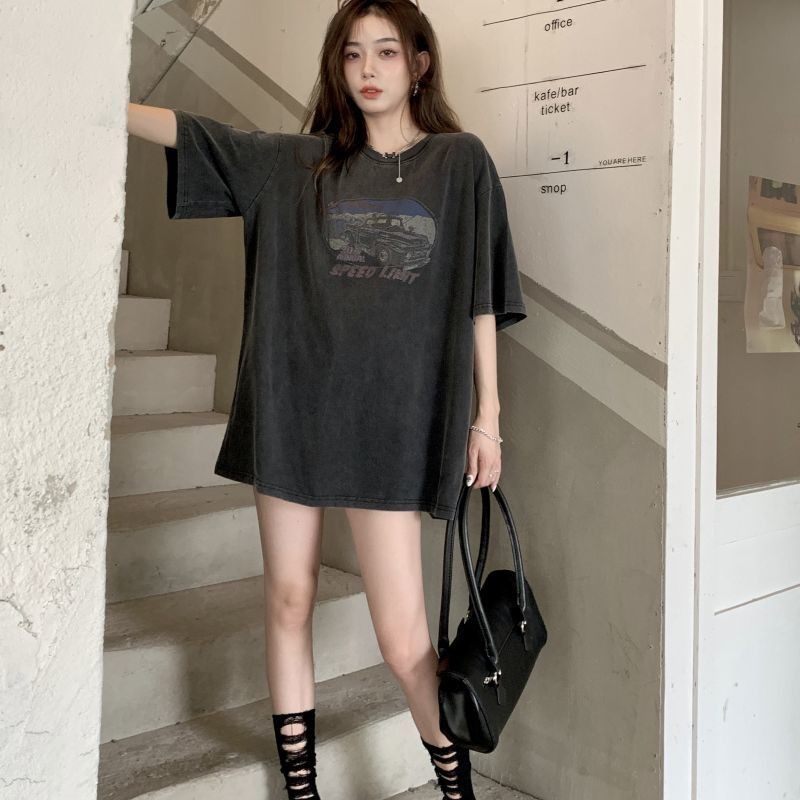 Áo thun cotton cỡ lớn phong cách Mỹ vintage, dáng rộng, màu đen, tay ngắn thời thượng