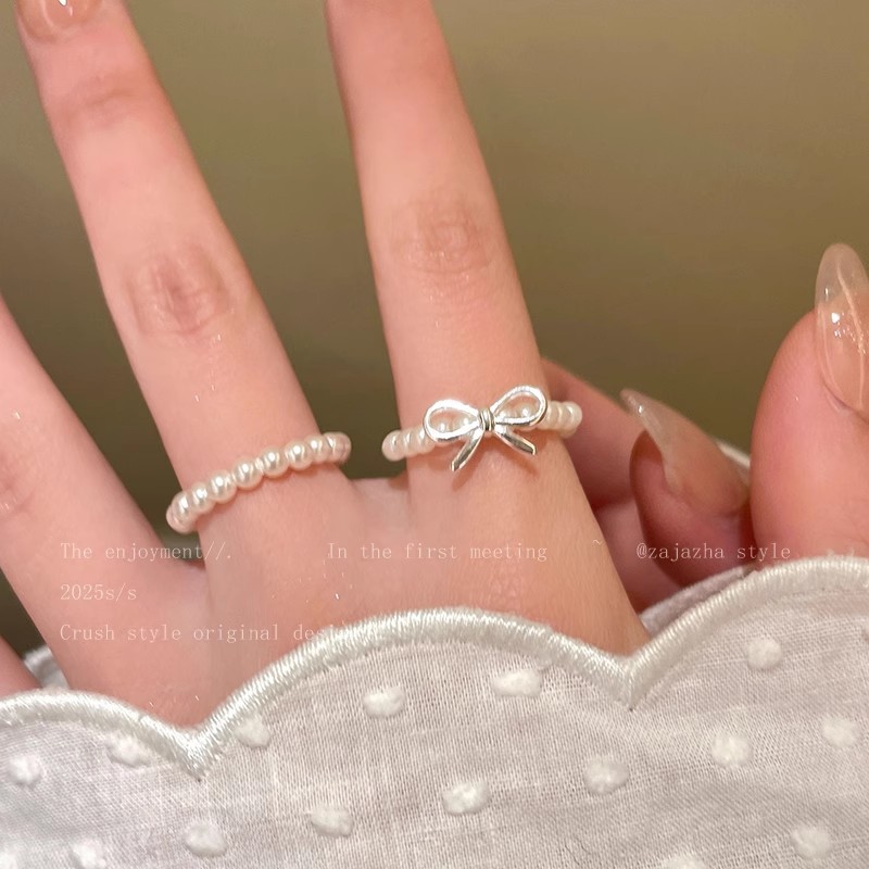 Nhẫn hạt ngọc trai nơ cho phụ nữ, phong cách Hàn Quốc, thiết kế độc đáo, nhẫn ngón trỏ, cảm giác sang trọng nhẹ nhàng, nhẫn cao cấp có thể xếp chồng lên nhau